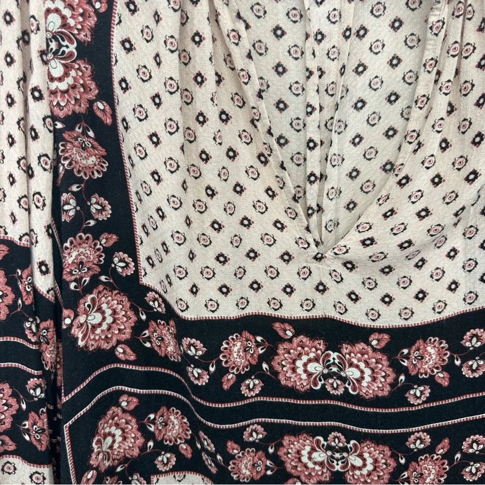 FREE PEOPLE Blouse Small Long Sleeve Keyhole Lightweight Boho Tunic Aztec Blk/Cr